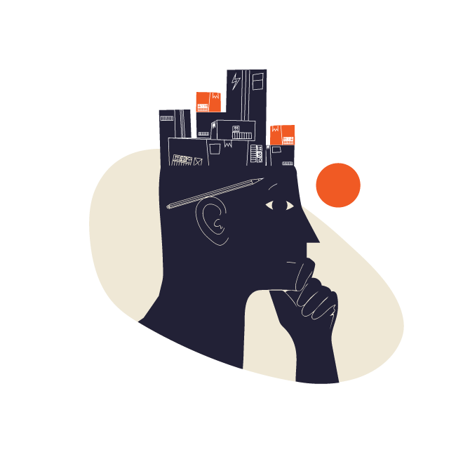 en mann med en by på hodet